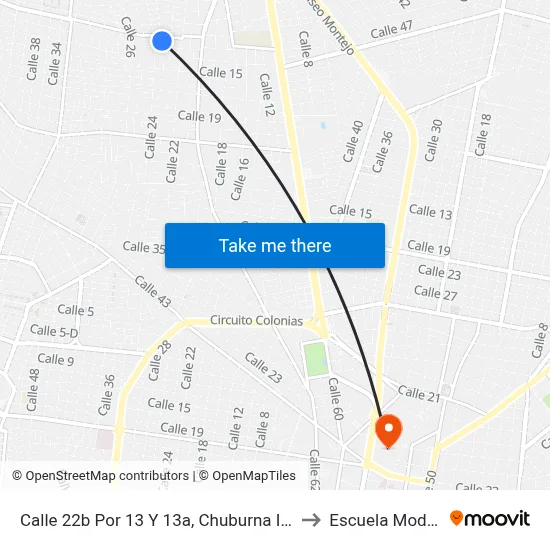 Calle 22b Por 13 Y 13a, Chuburna Inn II to Escuela Modelo map
