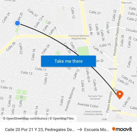 Calle 20 Por 21 Y 23, Pedregales De Tanlum to Escuela Modelo map