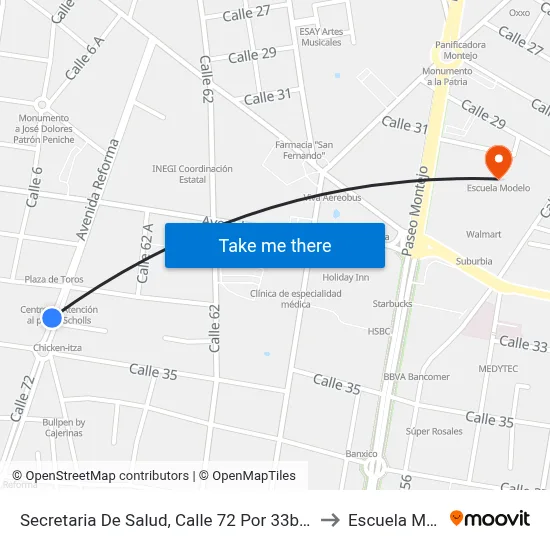 Secretaria De Salud, Calle 72 Por 33b Y 35, Centro to Escuela Modelo map