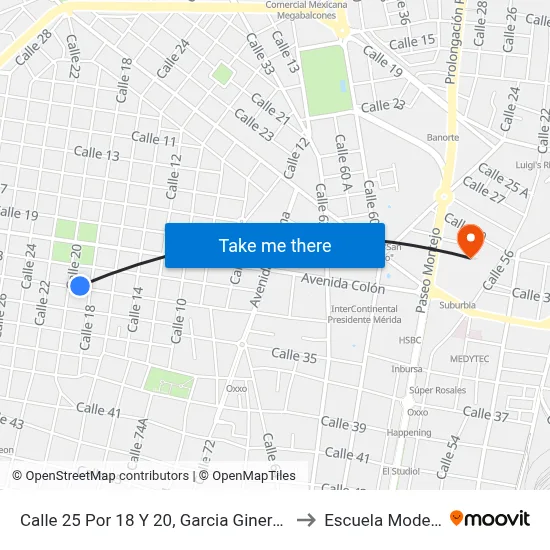 Calle 25 Por 18 Y 20, Garcia Ginerés. to Escuela Modelo map