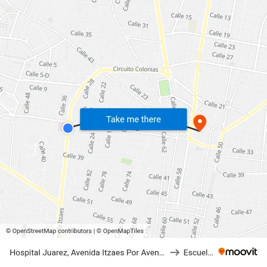 Hospital Juarez, Avenida Itzaes Por Avenida Miguel Hidalgo Y 25, García Ginerés, to Escuela Modelo map