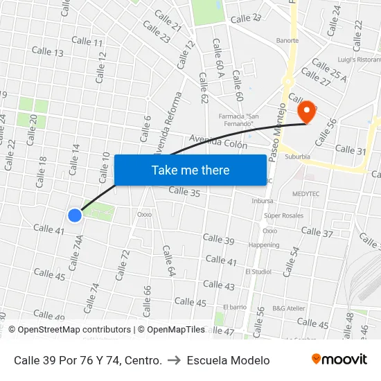 Calle 39 Por 76 Y 74, Centro. to Escuela Modelo map