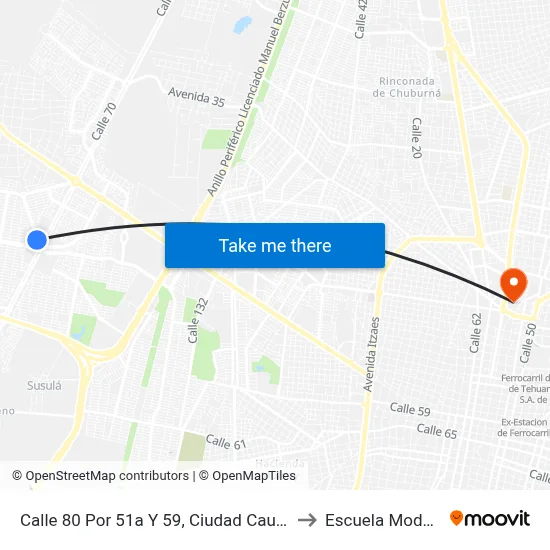 Calle 80 Por 51a Y 59, Ciudad Caucel to Escuela Modelo map