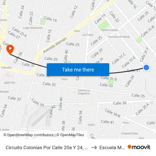 Circuito Colonias Por Calle 20a Y 24, Nueva Alemán to Escuela Modelo map