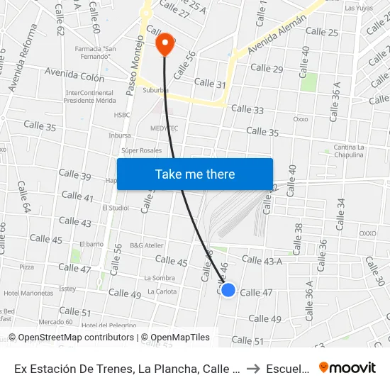 Ex Estación De Trenes, La Plancha, Calle 47 Por Avenida 1o. De Mayo, Centro to Escuela Modelo map