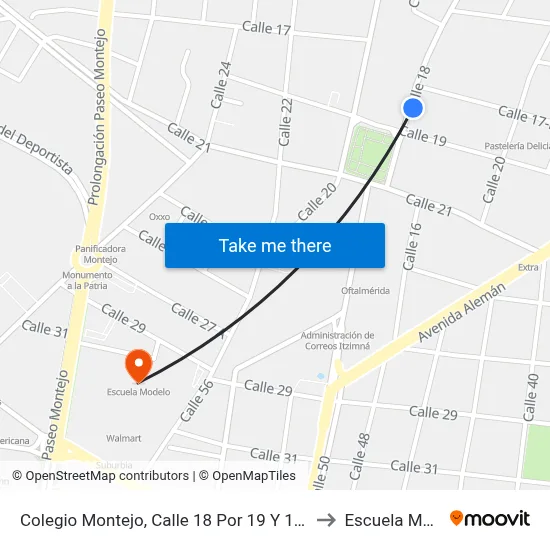 Colegio Montejo, Calle 18 Por 19 Y 17b, Itzimná to Escuela Modelo map