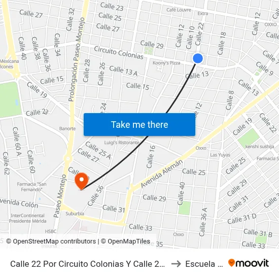 Calle 22 Por Circuito Colonias Y Calle 29, Colonia México Oriente to Escuela Modelo map