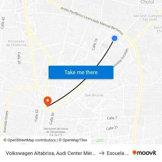 Volkswagen Altabrisa, Audi Center Mérida, Calle 18 Por 11 Y 7 to Escuela Modelo map