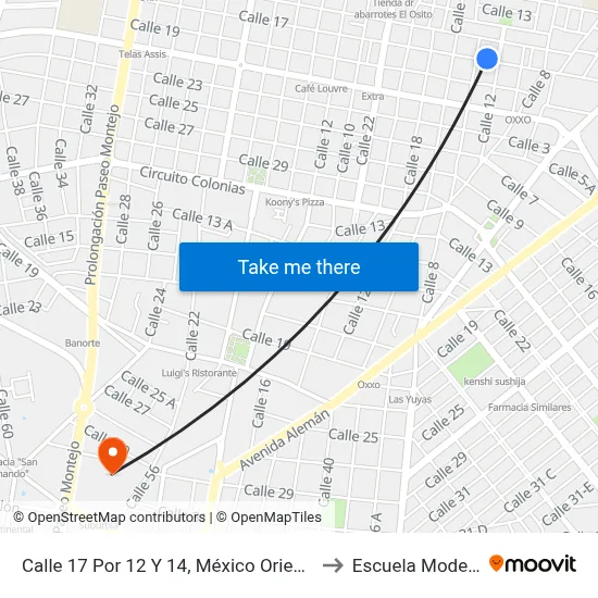 Calle 17 Por 12 Y 14, México Oriente to Escuela Modelo map