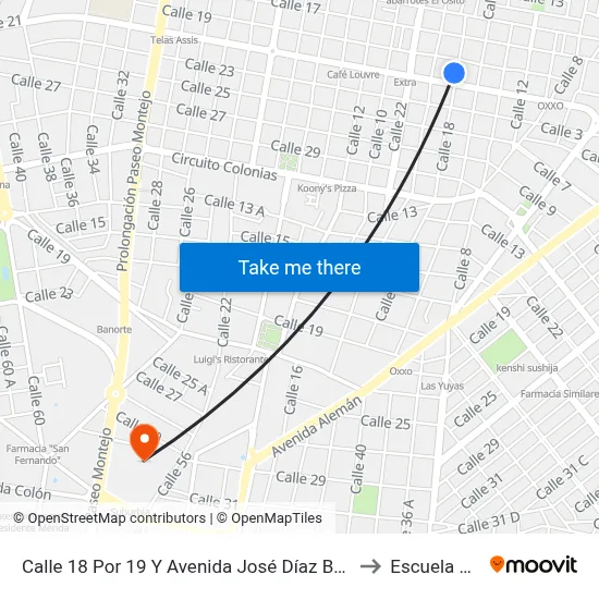 Calle 18 Por 19 Y Avenida José Díaz Bolio, México Oriente to Escuela Modelo map