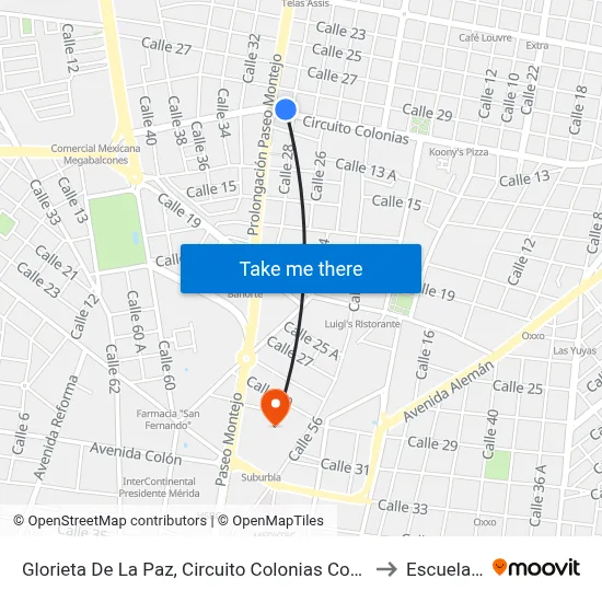 Glorieta De La Paz, Circuito Colonias Con Calle 28  Y 30, Colonia México to Escuela Modelo map