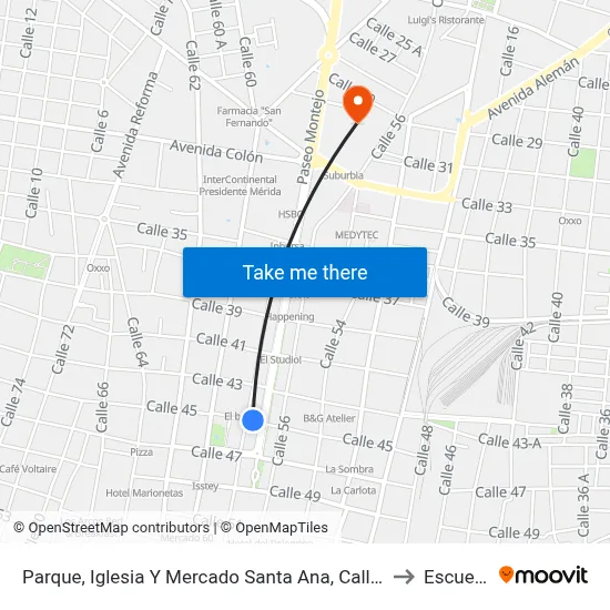 Parque, Iglesia Y Mercado Santa Ana, Calle 45 Por Paseo De Montejo Y Calle 58, Centro to Escuela Modelo map
