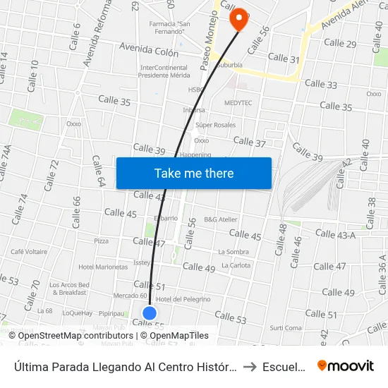 Última Parada Llegando Al Centro Histórico, Calle 58 Por 53 Y 55, Centro to Escuela Modelo map