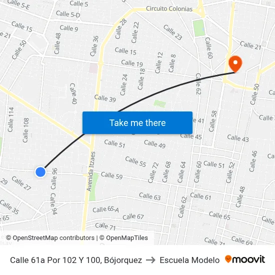 Calle 61a Por 102 Y 100, Bójorquez to Escuela Modelo map