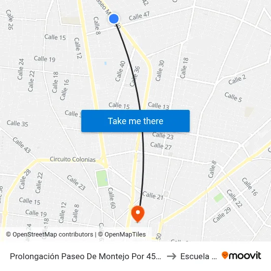 Prolongación Paseo De Montejo Por 45 Y 47, Benito Juaréz Norte to Escuela Modelo map