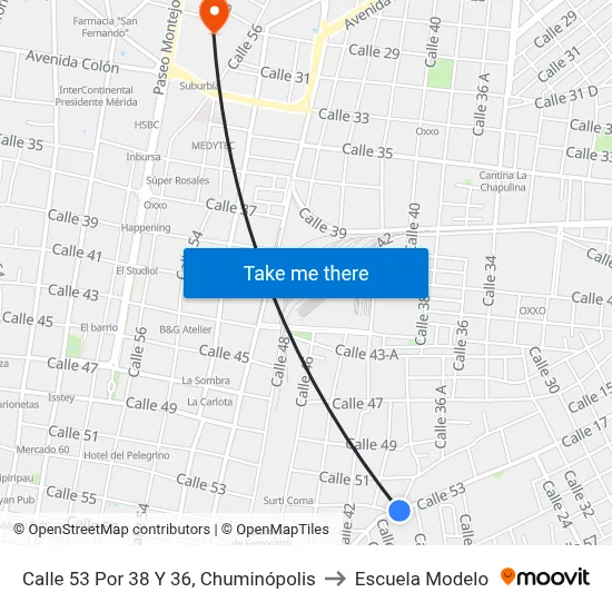 Calle 53 Por 38 Y 36, Chuminópolis to Escuela Modelo map