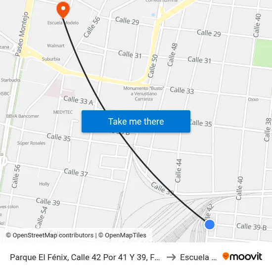 Parque El Fénix, Calle 42 Por 41 Y 39, Fraccionamiento El Fénix. to Escuela Modelo map