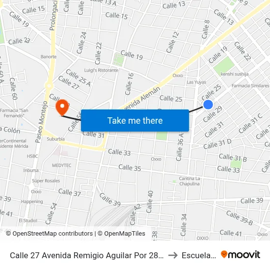 Calle 27 Avenida Remigio Aguilar Por 28 Y 30, Colonia Miguel Alemán. to Escuela Modelo map