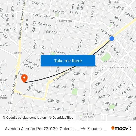 Avenida Alemán Por 22 Y 20, Colonia Miguel Alemán. to Escuela Modelo map