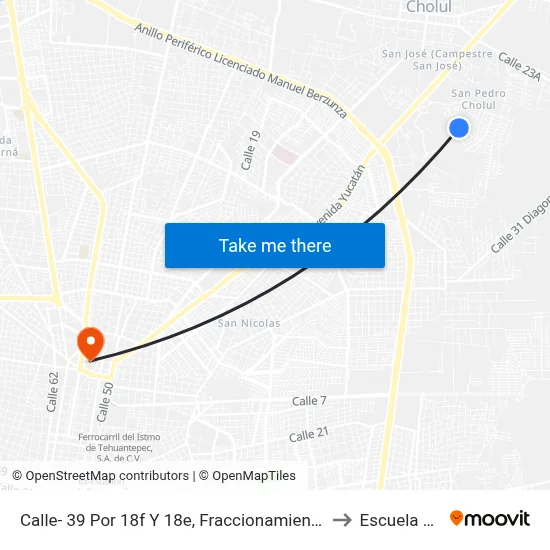 Calle- 39 Por 18f Y 18e, Fraccionamiento San Pedro Cholul. to Escuela Modelo map