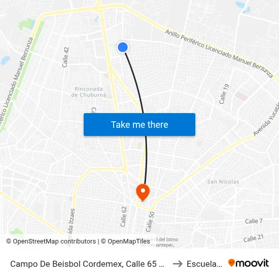 Campo De Beisbol Cordemex, Calle 65 Por 38 Y 40, Montes De Amé to Escuela Modelo map