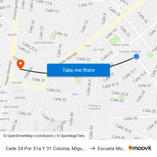 Calle 24 Por 31a Y 31 Colonia, Miguel Aleman to Escuela Modelo map