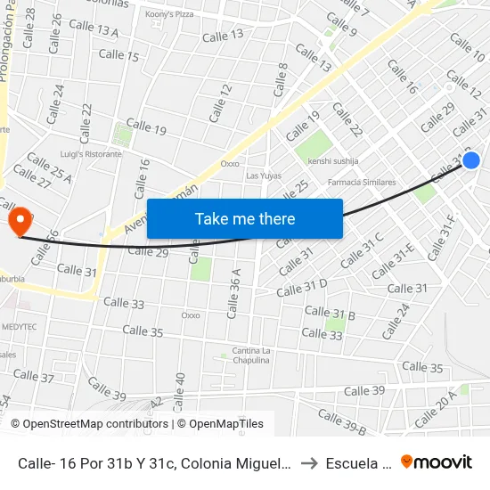 Calle- 16 Por 31b Y 31c, Colonia Miguel Alemán (Nueva Alemán). to Escuela Modelo map
