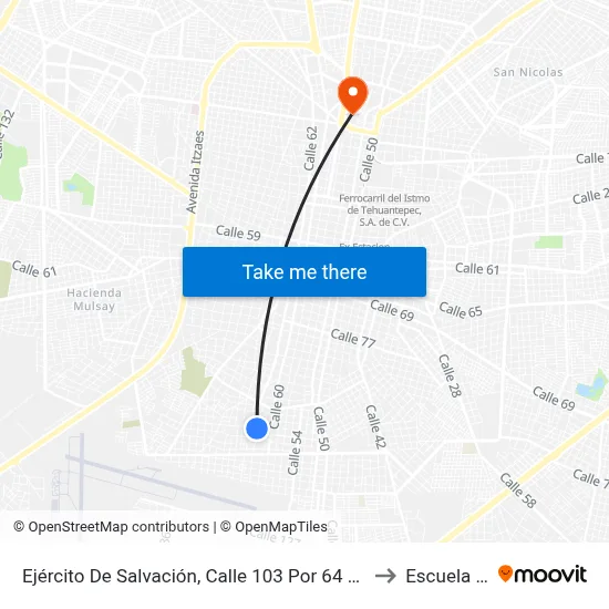 Ejército De Salvación, Calle 103 Por 64 Y 62, Delio Moreno Cantón to Escuela Modelo map