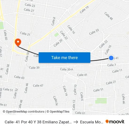 Calle- 41 Por 40 Y 38 Emiliano Zapata Oriente to Escuela Modelo map