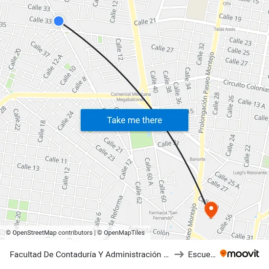 Facultad De Contaduría Y Administración Feca, Calle 20 Por 35 Y 33, Pedregales De Tanlum to Escuela Modelo map