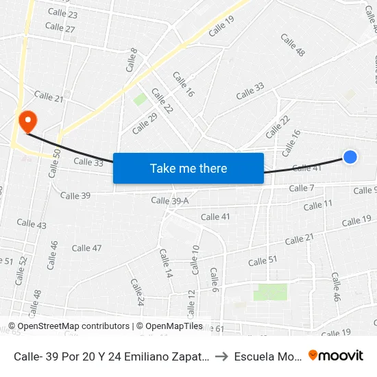 Calle- 39 Por 20 Y 24 Emiliano Zapata Oriente to Escuela Modelo map