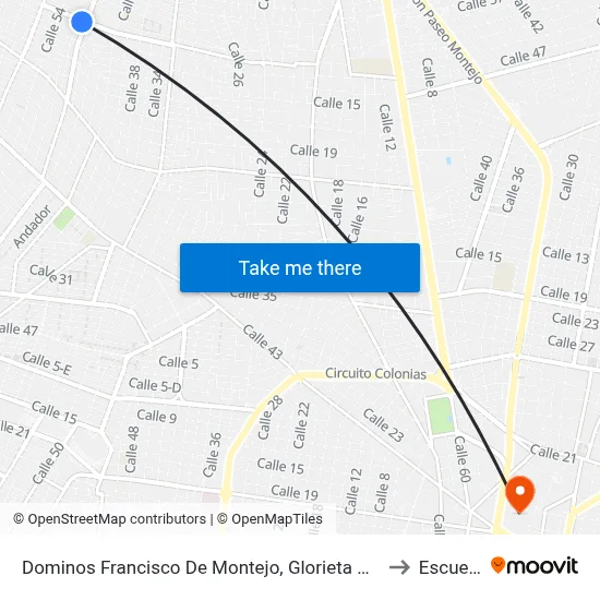 Dominos Francisco De Montejo, Glorieta De Piedra, Calle 61 Por 52 Y Avenida Mérida 2000 to Escuela Modelo map