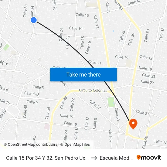 Calle 15 Por 34 Y 32, San Pedro Uxmal to Escuela Modelo map