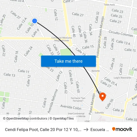 Cendi Felipa Poot, Calle 20 Por 12 Y 10, Pedregales De Tanlum to Escuela Modelo map