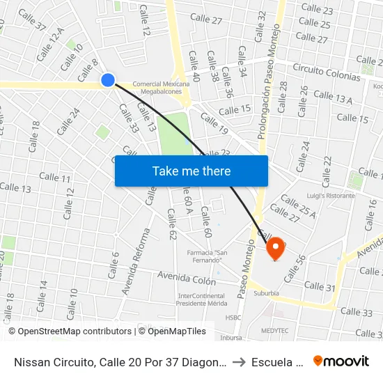 Nissan Circuito, Calle 20 Por 37 Diagonal Y Circuito Colonias to Escuela Modelo map