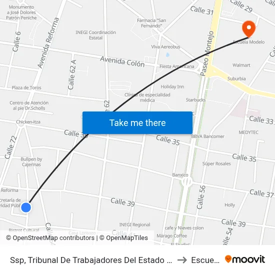 Ssp, Tribunal De Trabajadores Del Estado Y Los Municipios, Calle 66 Por 39 Y 41, Centro to Escuela Modelo map