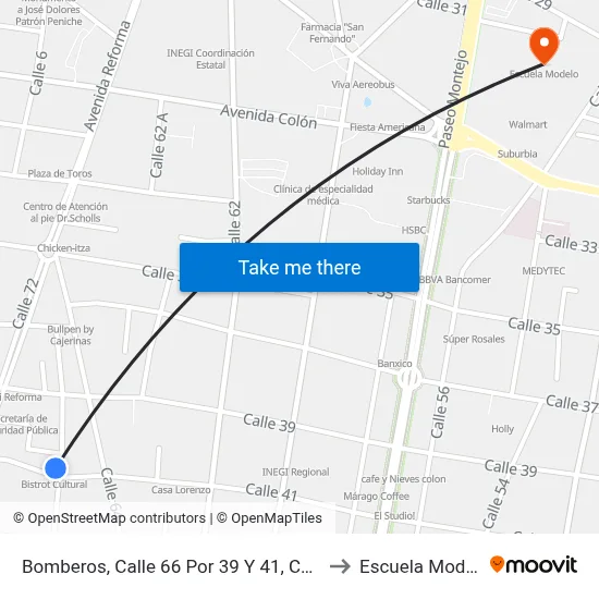 Bomberos, Calle 66 Por 39 Y 41, Centro to Escuela Modelo map