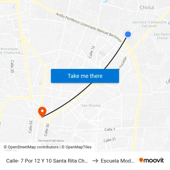 Calle- 7 Por 12 Y 10 Santa Rita Cholul to Escuela Modelo map