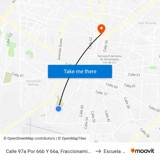 Calle 97a Por 66b Y 66a, Fraccionamiento Manzana 115 to Escuela Modelo map