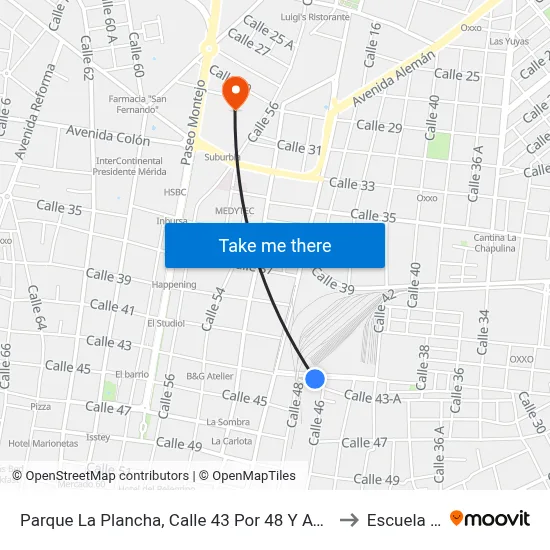 Parque La Plancha, Calle 43 Por 48 Y Avenida 1o. De Mayo, Centro to Escuela Modelo map