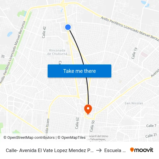 Calle- Avenida El Vate Lopez Mendez Por 55 Y 53 Cordemex to Escuela Modelo map