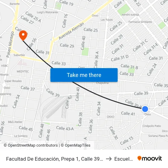 Facultad De Educación, Prepa 1, Calle 39b Por 20, Fraccionamiento El Fénix to Escuela Modelo map