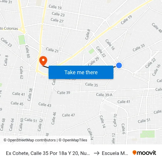 Ex Cohete, Calle 35 Por 18a Y 20, Nueva Alemán to Escuela Modelo map