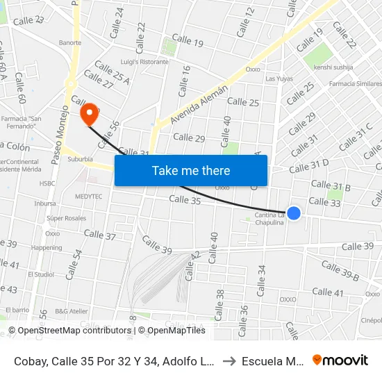 Cobay, Calle 35 Por 32 Y 34, Adolfo López Mateos to Escuela Modelo map