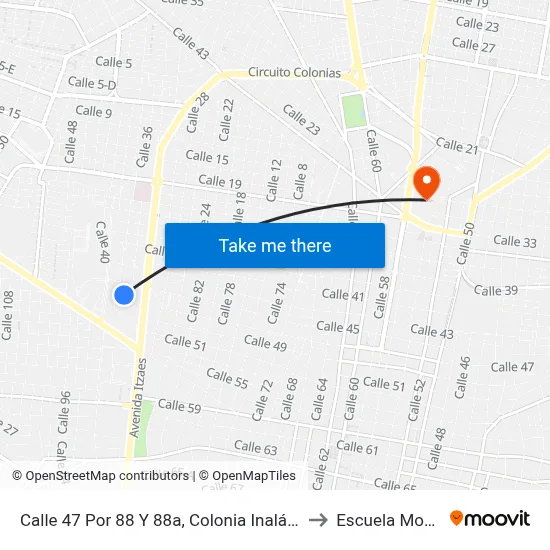 Calle 47 Por 88 Y 88a, Colonia Inalámbrica to Escuela Modelo map