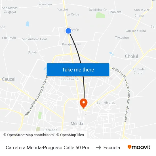 Carretera Mérida-Progreso Calle 50 Por 23 Y 21, Temozón Norte to Escuela Modelo map