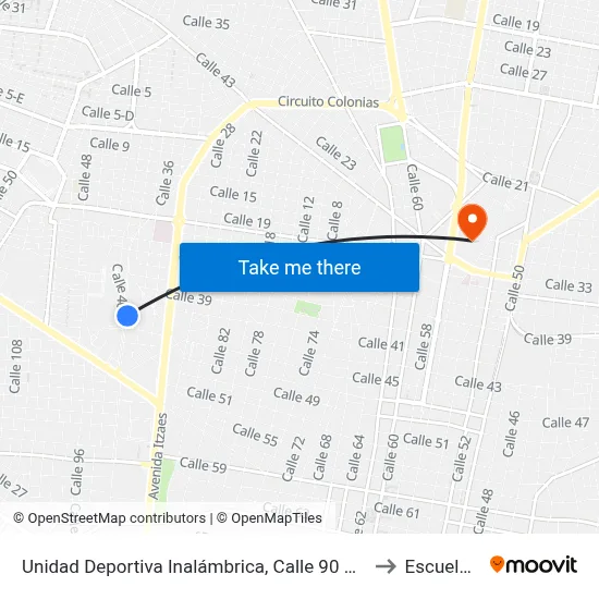 Unidad Deportiva Inalámbrica, Calle 90 Por 45 Y 43, Colonia Inalámbrica to Escuela Modelo map