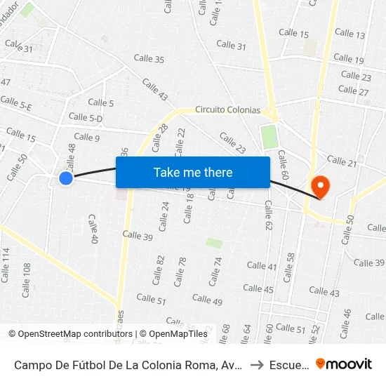 Campo De Fútbol De La Colonia Roma, Avenida Miguel Hidalgo Por 50 Y 48, Colonia Roma to Escuela Modelo map