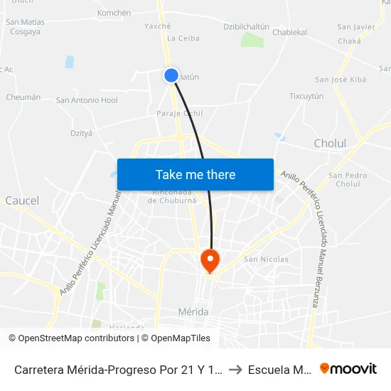 Carretera Mérida-Progreso Por 21 Y 17c, Xcanatún to Escuela Modelo map