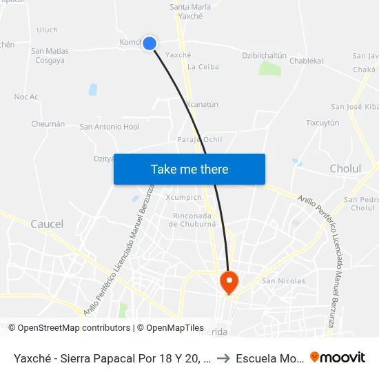 Yaxché - Sierra Papacal Por 18 Y 20, Komchén to Escuela Modelo map